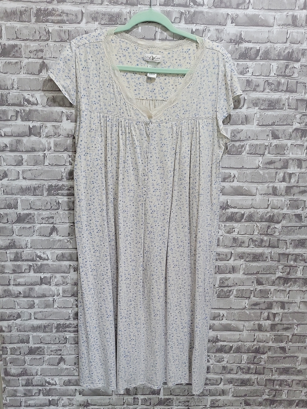 villager Cream 100% Cotton Long Nightgown, Light Blue Micro Floral, Lace Trim M